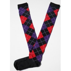 Black, purple, red over the knee cotton argyle socks size 4-9